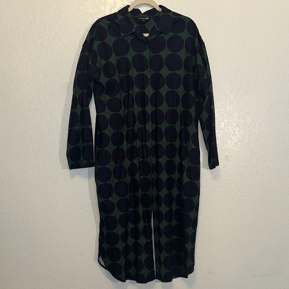 Marimekko Uniqlo Long Sleeve Green and Black Dot Shirt Dress NWOT L